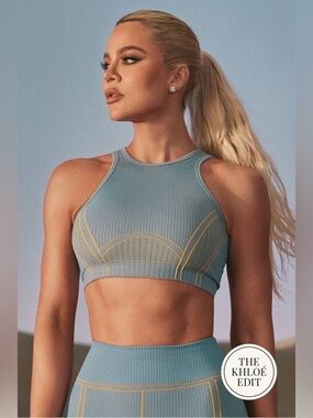 Fabletics Seamless Low Impact Open Back Bra  Love Blue/ Golden Ray Cut Out LARGE